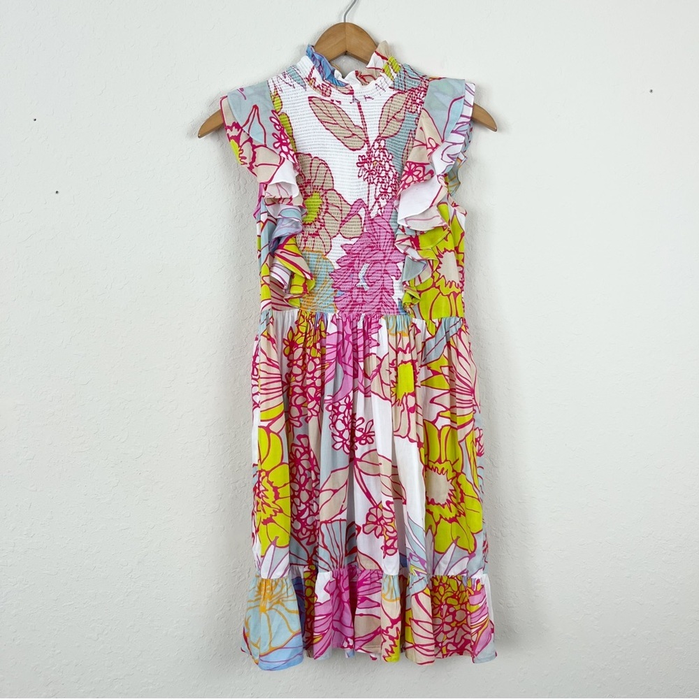 Ranna Gill Floral Smocked Ruffle Dress Size XS